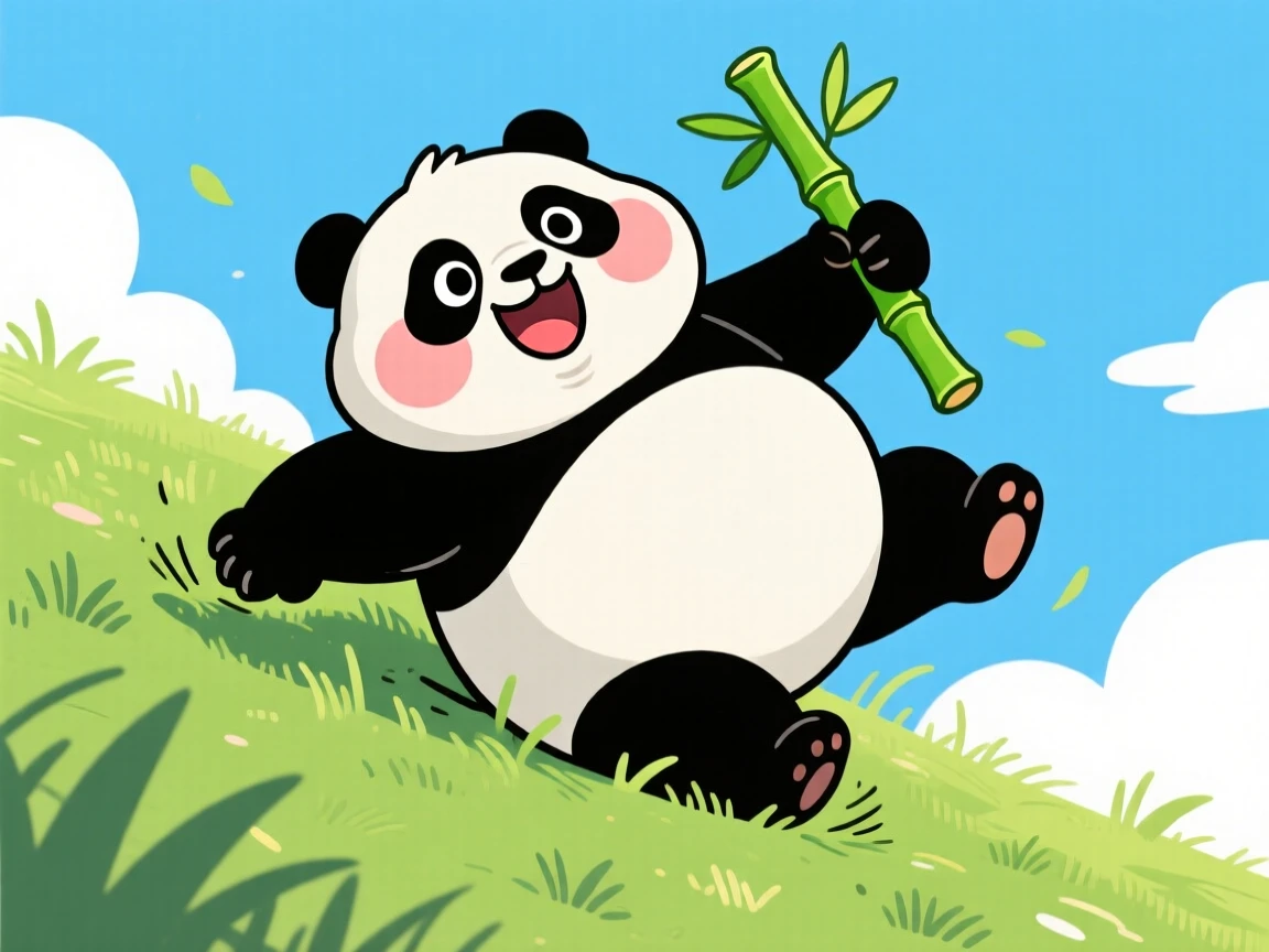 A charming animal moment featuring a plump panda tumbling playfully down a grassy hill, bamboo stalk still in its paws.