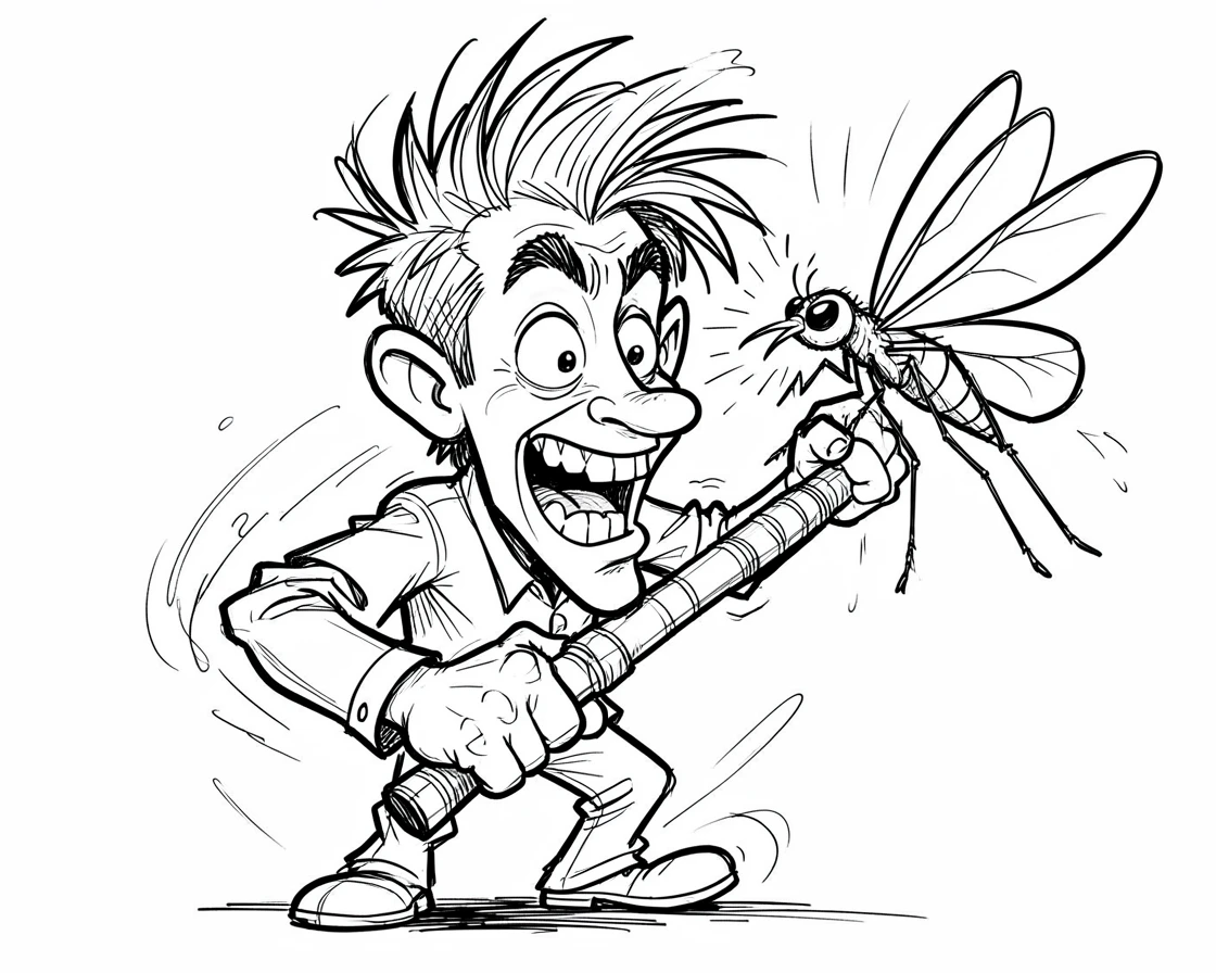 [Funny & Exaggerated Situations] Comical scene of a man wildly swatting at a single buzzing mosquito, exaggerated for maximum laughs