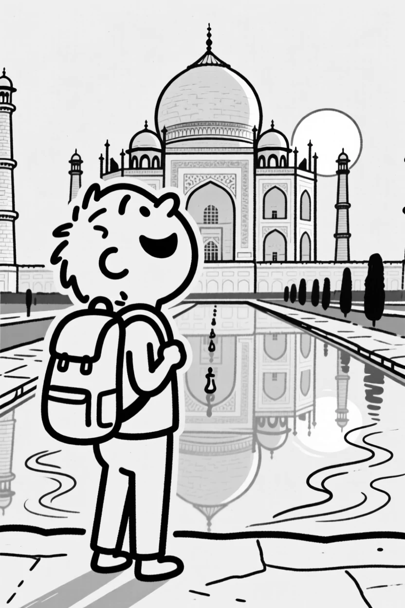 A backpacker gazing at the Taj Mahal at sunrise, reflection shimmering in the pool.