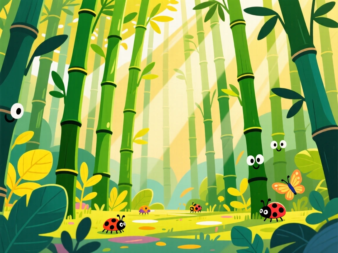 A bamboo forest with light filtering through tall green stalks.