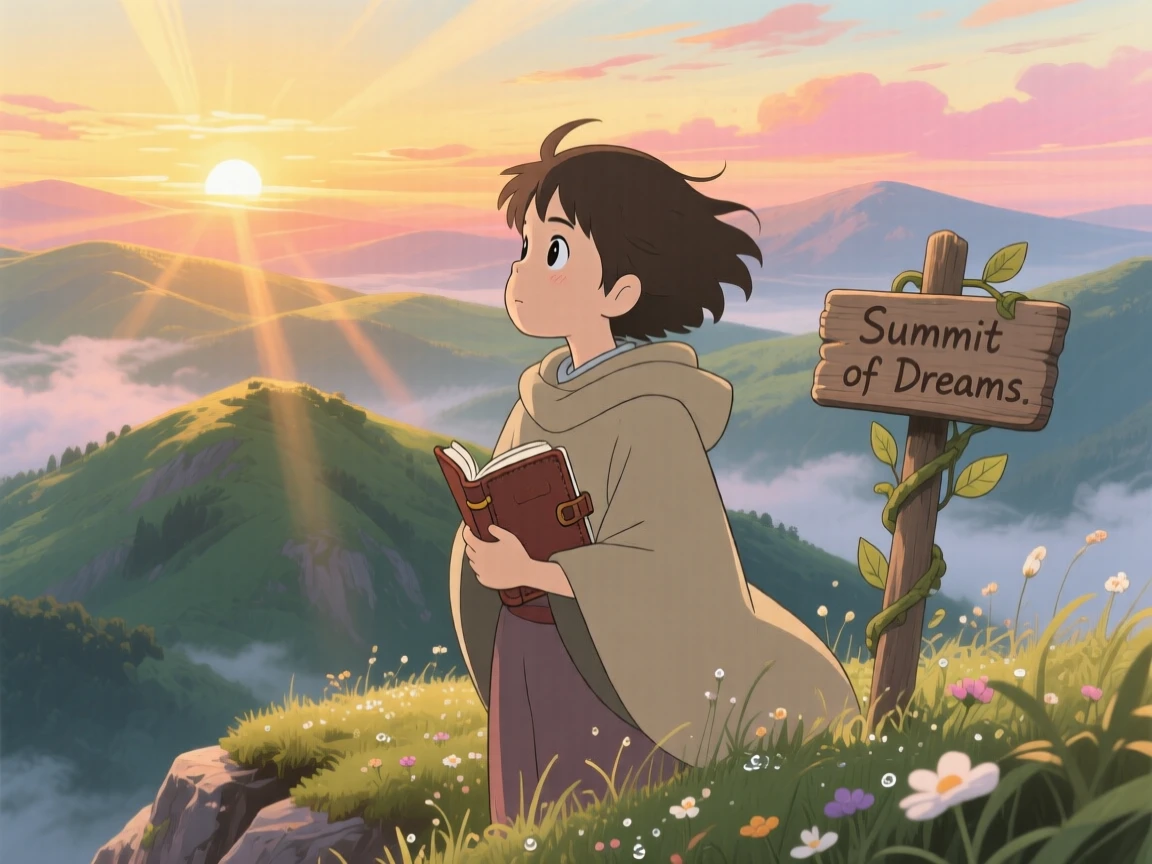 A tender moment of a traveler pausing to watch a sunrise from a mountaintop, the scene filled with hope.