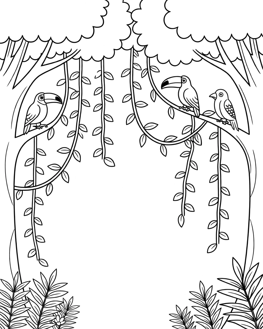 A tropical rainforest canopy with vines and colorful birds