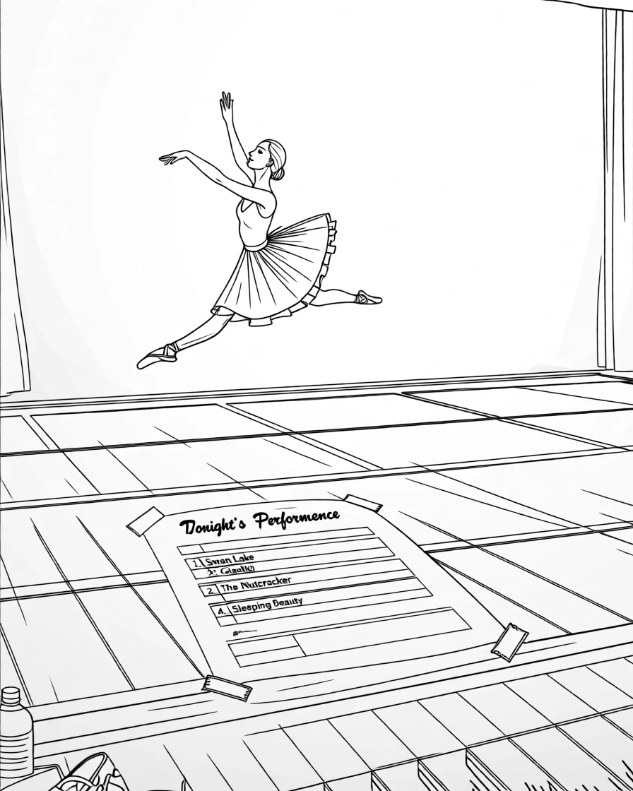 A ballet dancer mid-leap on an empty stage, with a set list taped to the floor nearby.