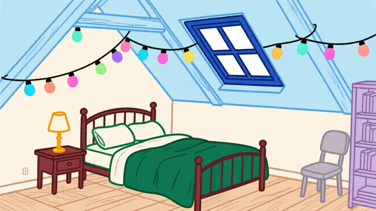 A cozy attic bedroom with a slanted ceiling and fairy lights.