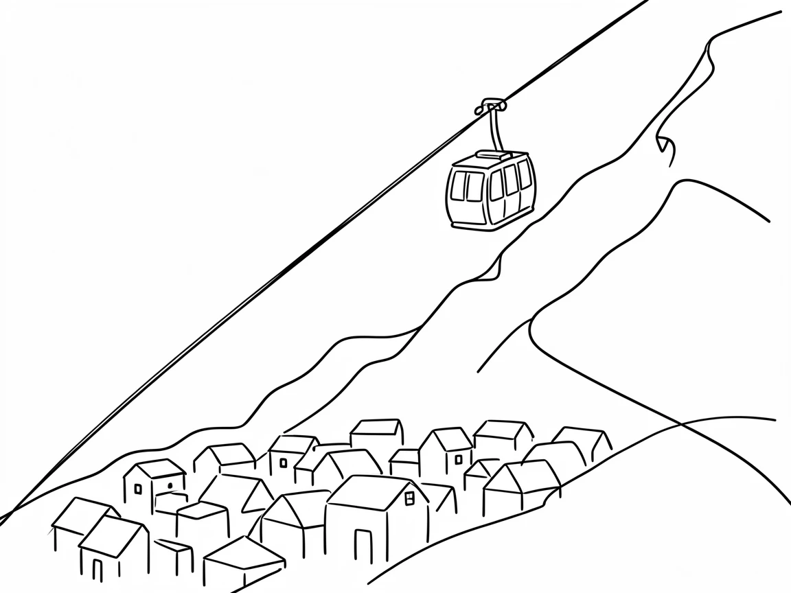 A cable car ascending a steep mountainside above a valley town