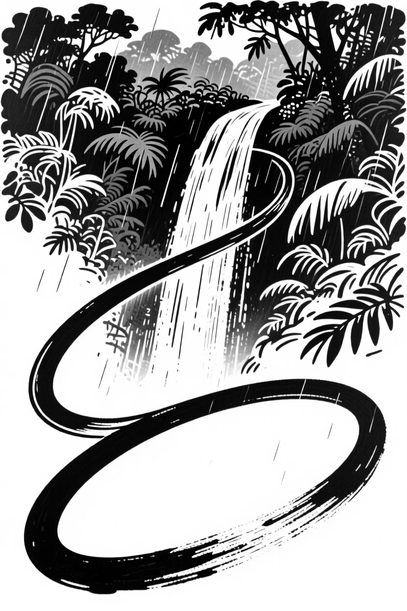 A hidden waterfall pouring through a lush green rainforest.