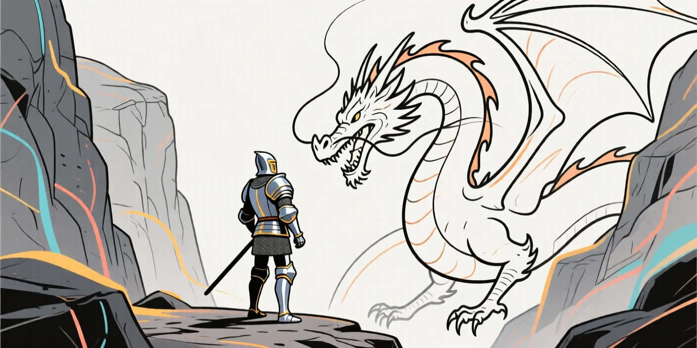 A knight in shining armor facing a towering dragon in a rocky canyon.
