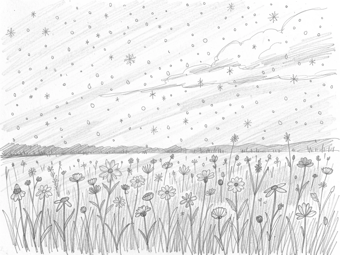 A breathtaking view of a wildflower prairie under a wide sky, lit by streaks of golden afternoon sun, with snow gently falling.