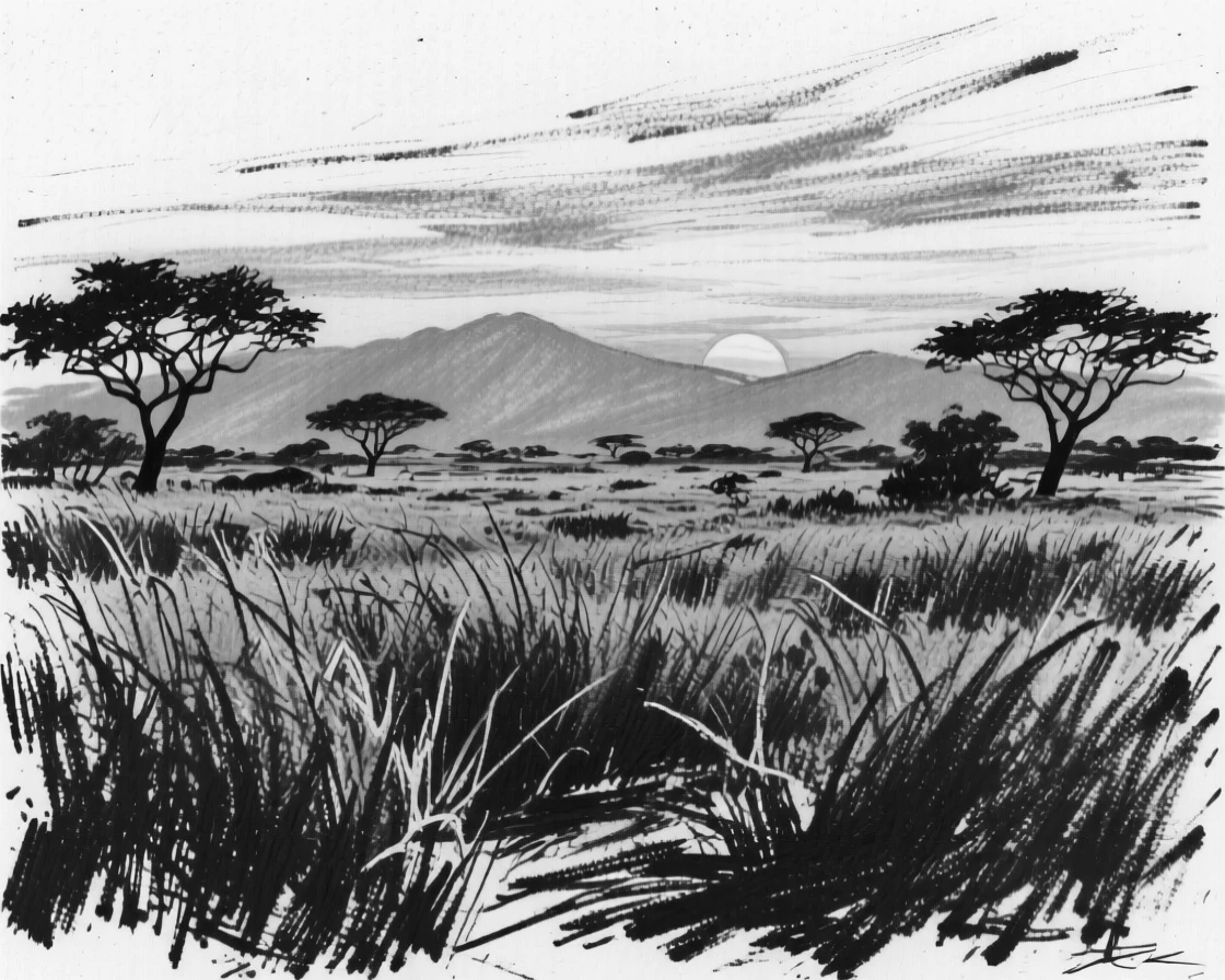 A sprawling savanna at sunset with distant mountains fading into blue haze.