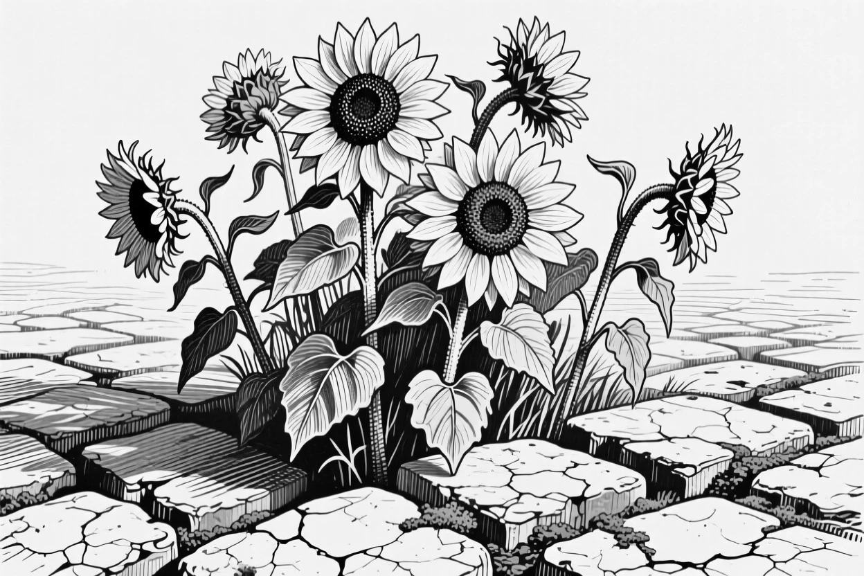 A cluster of sunflowers growing between old cobblestones, with petals catching a beam of light, composed in a gentle and fleeting still-life arrangement.