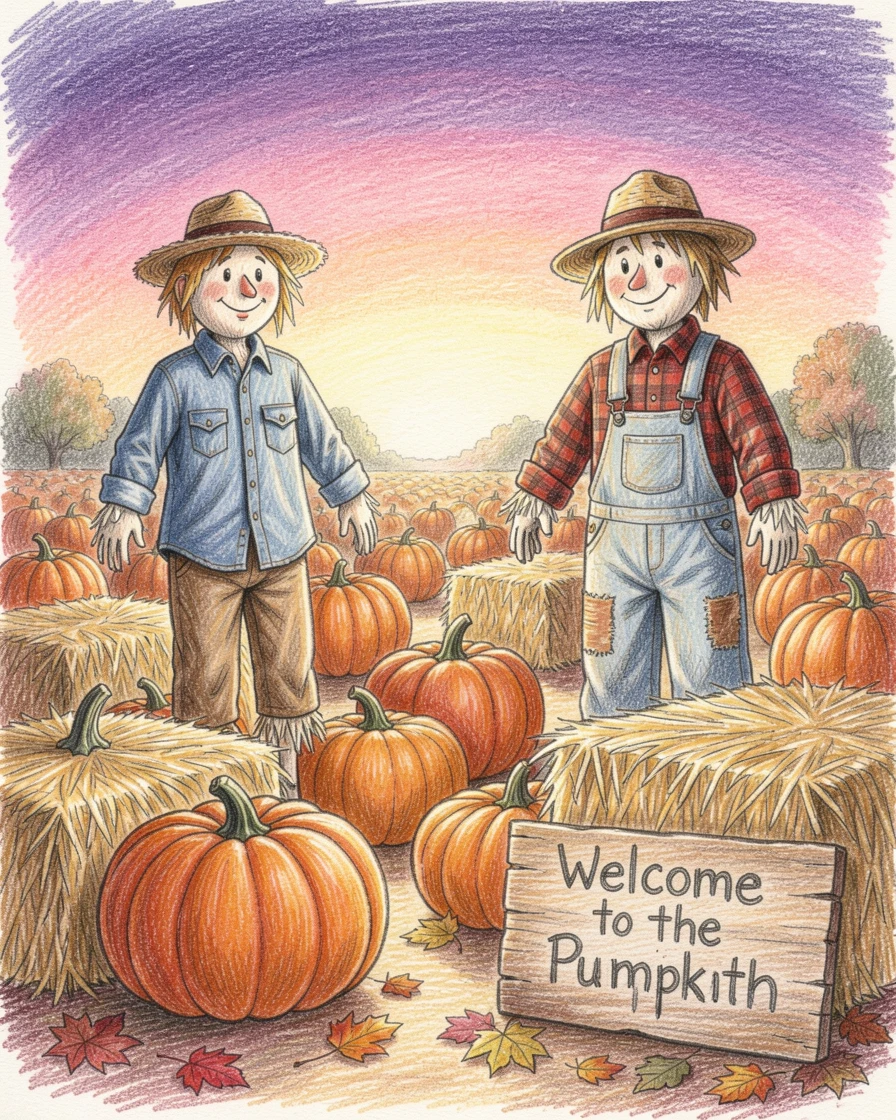 A pumpkin patch at sunset with hay bales and scarecrows, filled with joyful, familiar holiday details, perfect for celebrating the beauty of the season.