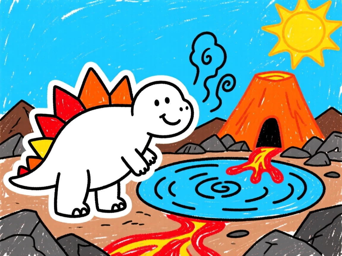 A young stegosaurus with plated armor beside a steaming volcanic lake.