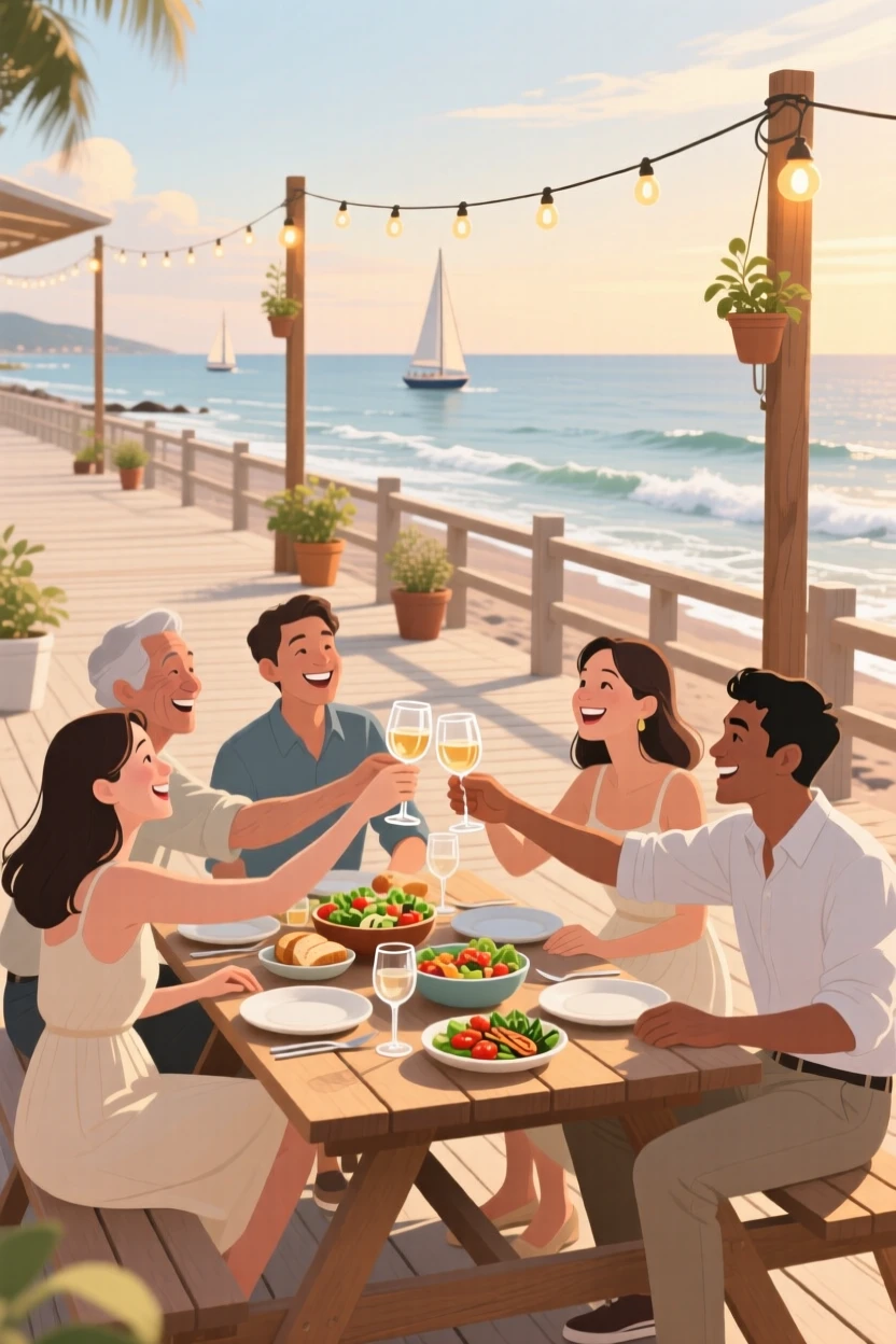 A group of friends toasting glasses at an outdoor dinner, along a scenic coastal boardwalk, captured in a candid, joyful moment, with a sense of warmth and togetherness in every detail.