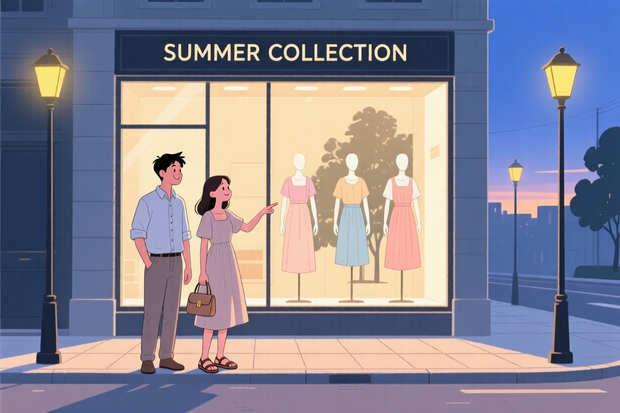 A young couple window shopping on a quiet summer evening in the city.