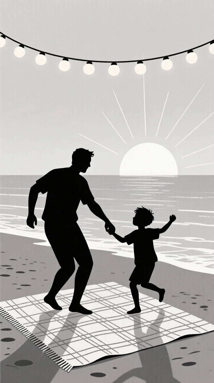 A father and son dancing under string lights in a beach at sunrise, surrounded by a woven picnic blanket, conveying quiet joy.