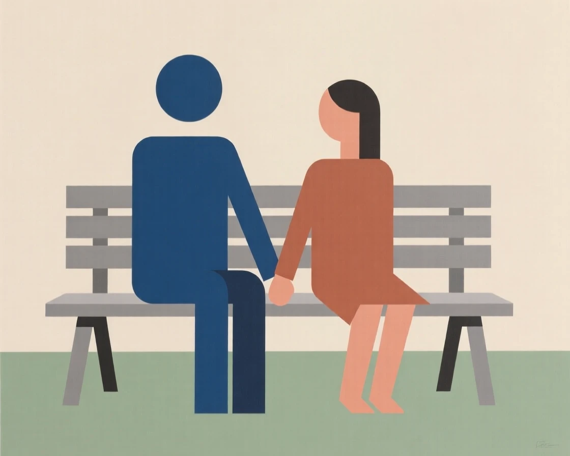 A couple holding hands on a park bench