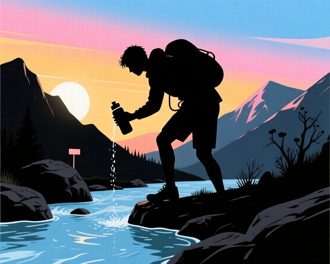 A hiker filling a water bottle from a clear mountain stream.