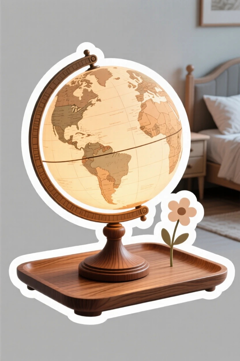 A gently glowing vintage globe on a stand, placed on a wooden tray with a small flower, inside a softly decorated bedroom.