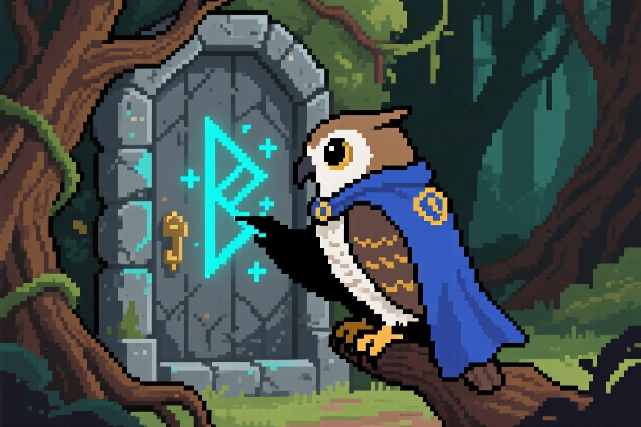 A royal messenger owl wearing a tiny cape carving a rune into an old stone door, in an ancient enchanted forest.