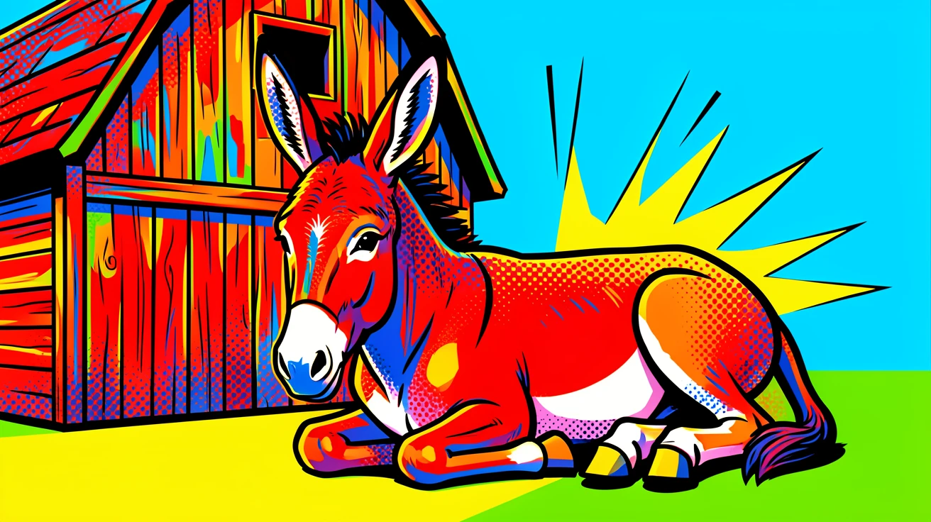 A donkey resting beside an old wooden barn