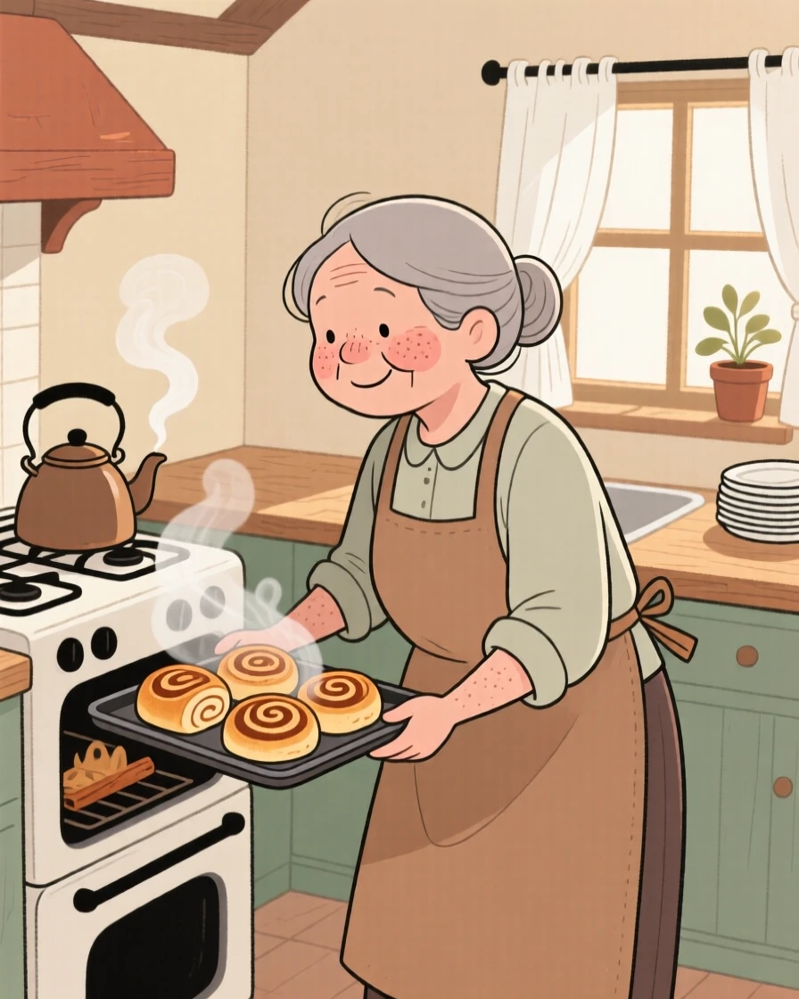 A grandmother pulls a tray of cinnamon rolls from the oven in a sunlit farmhouse kitchen, steam rising as a kettle whistles on the stove.