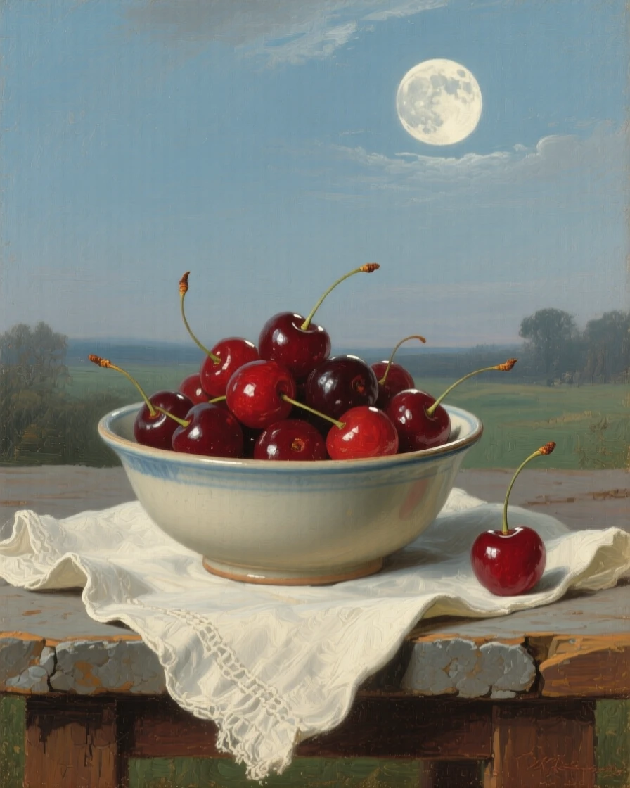 A well-framed scene of a bowl of freshly picked cherries beside a linen napkin, under a full moon, during the colonial era.