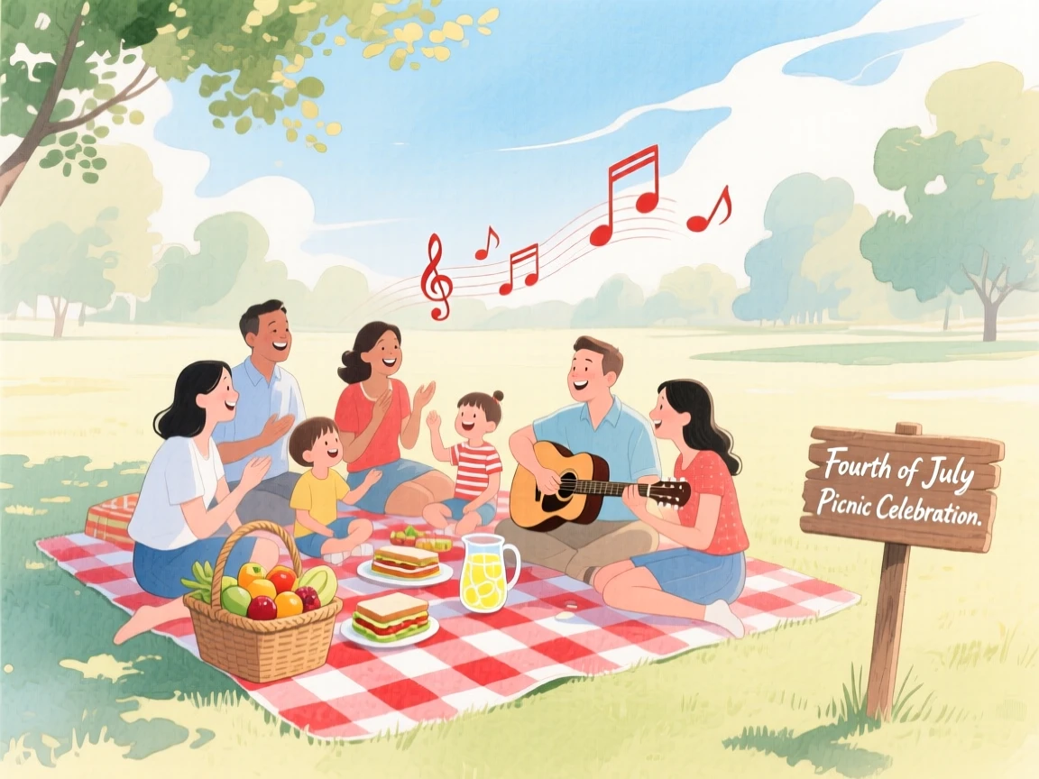 A joyful scene of a summer Fourth of July picnic, with music and laughter filling the air, capturing the warmth of the celebration