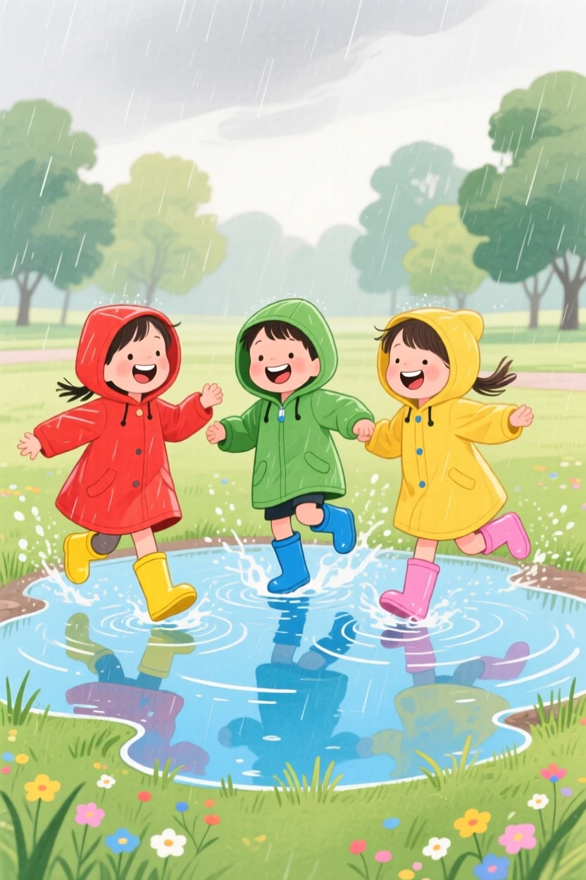 A joyful scene of children splashing in a rain puddle together.