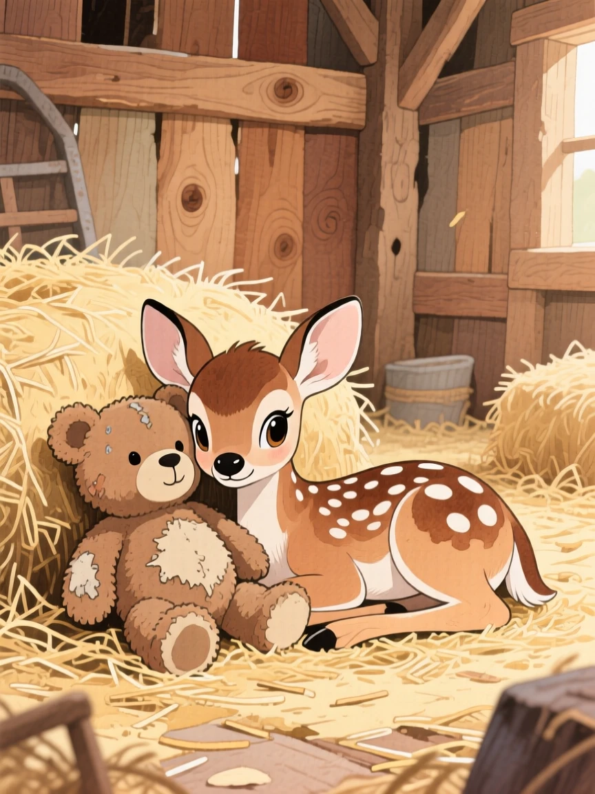 A spotted fawn resting its head on a favorite worn-out teddy bear, set in a rustic barn filled with soft hay, filled with wide-eyed wonder.