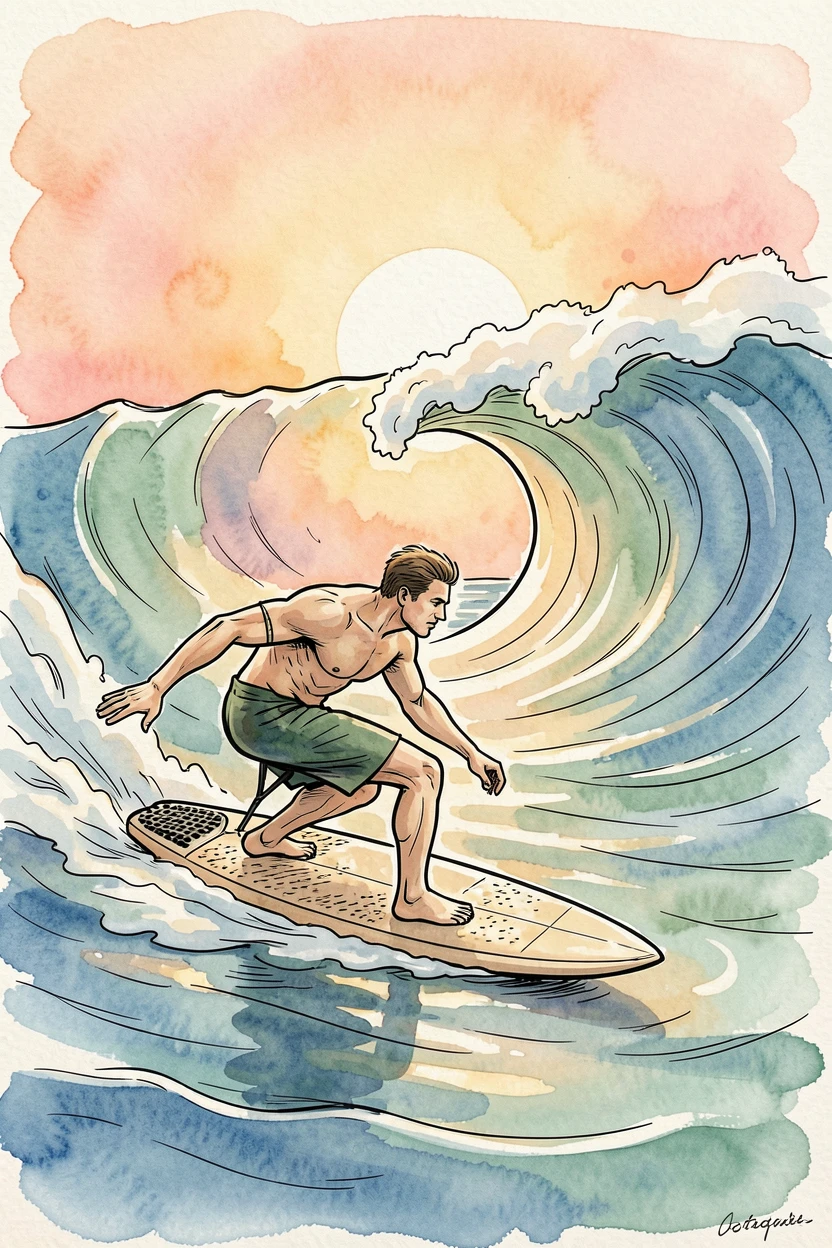 A surfer paddling out toward a rolling wave as the sun rises over the ocean