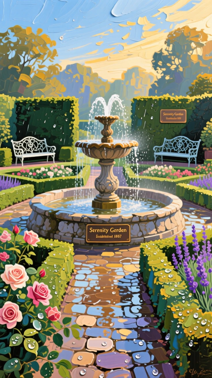 a formal garden with a fountain and clipped hedges, just after watering, composed along a natural leading line.
