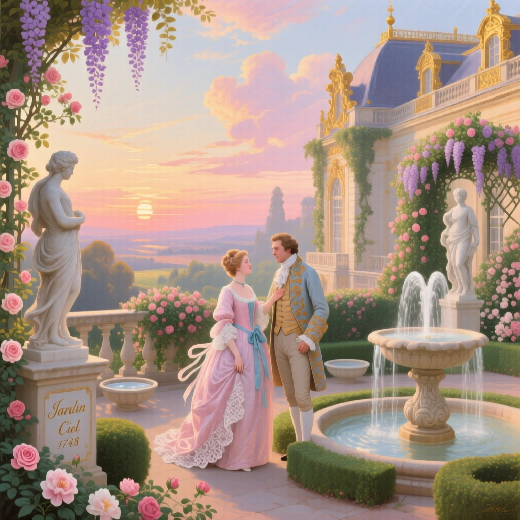 A palace rooftop garden with small fountains and panoramic sunset views  