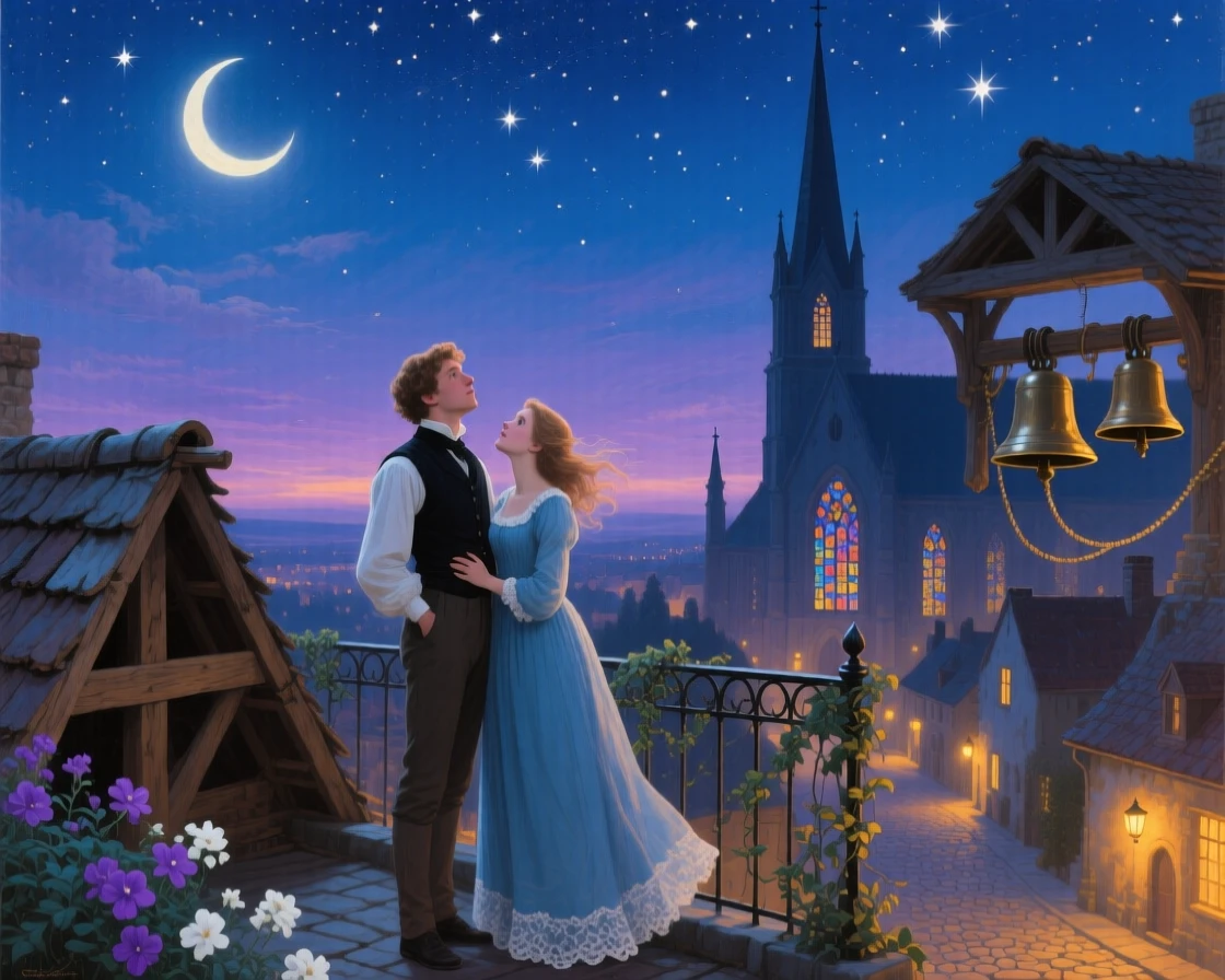 A young man and his beloved gaze at the stars from a rooftop beneath the stars while church bells ring in the distance.