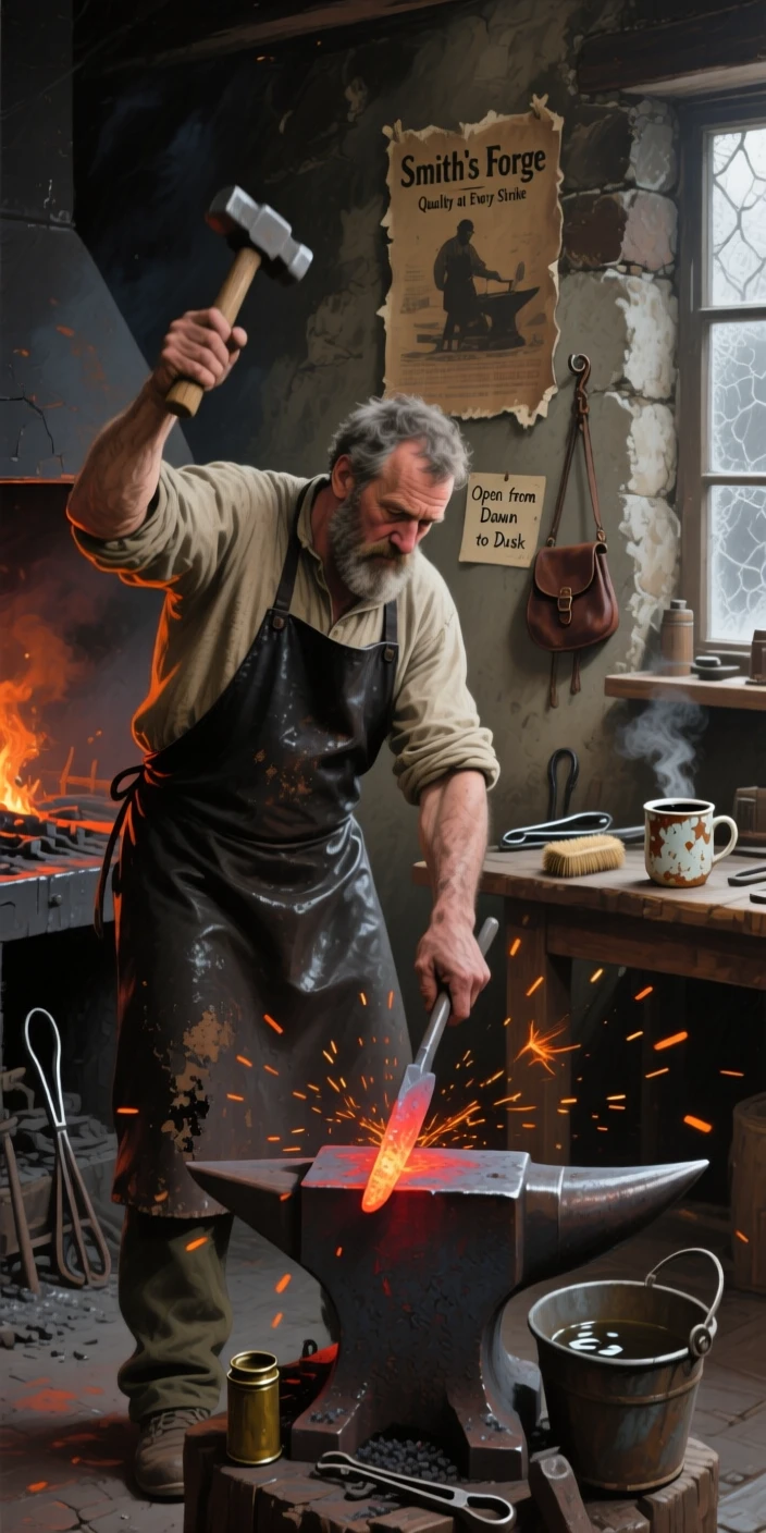 A blacksmith striking glowing metal, sparks flying in the dim forge light, surrounded by everyday details that ground the moment in reality, offering a tender and unforgettable glimpse into the human spirit