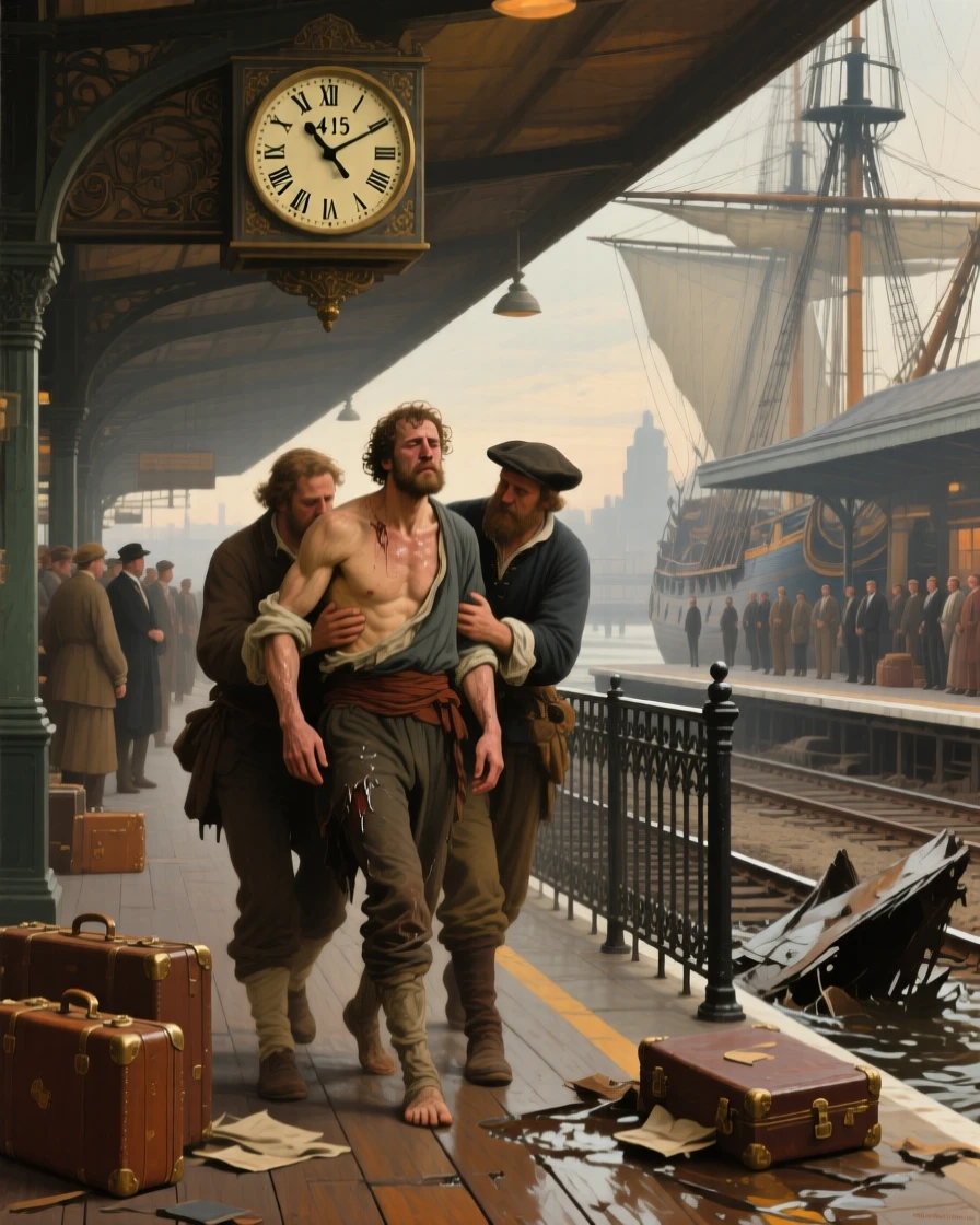 A shipwrecked sailor washing ashore into the arms of rescuers at the moment hope and fear collide, set at a crowded railway platform beneath a clock tower, with distant figures watching quietly from a respectful distance; the surrounding onlookers form a soft frame around the emotional core, capturing love that has endured distance and time.