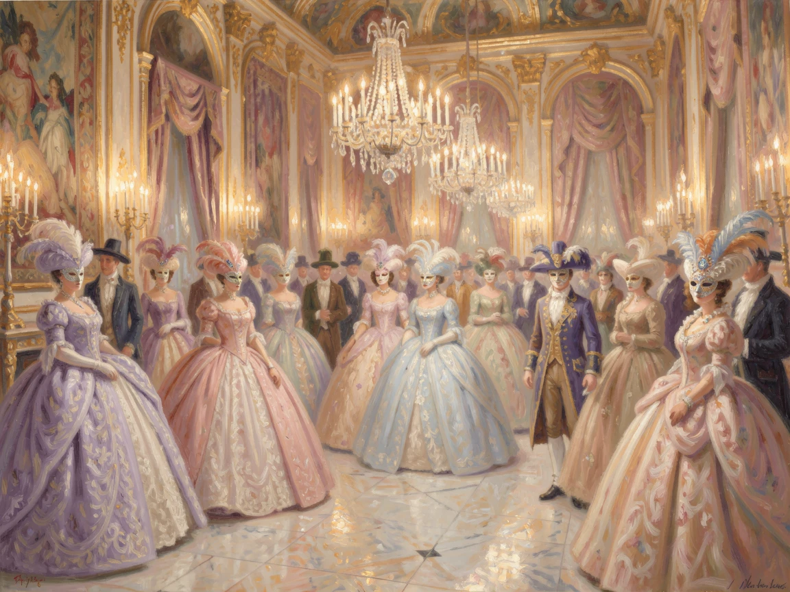 A grand Renaissance-era masquerade ball in a candlelit palace hall filled with elaborate costumes.