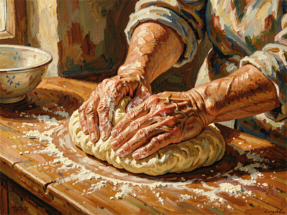 A grandmother's wrinkled hands kneading dough in a warm, flour-dusted kitchen.
