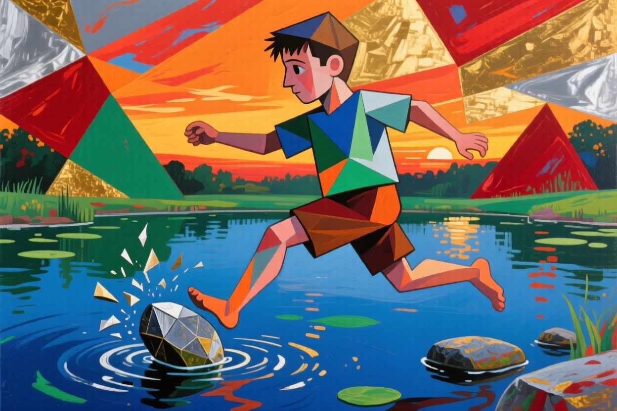 A boy skipping stones across a still pond on a summer evening.
