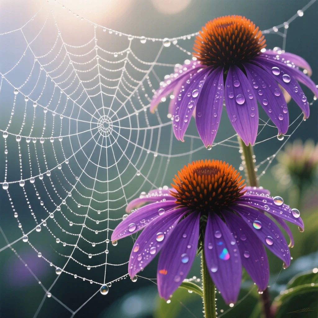 A close-up of dewdrops clinging to a spiderweb strung between two purple coneflowers, morning light refracting through each tiny droplet, everything rendered with quiet clarity under the steady, natural light of the hour.