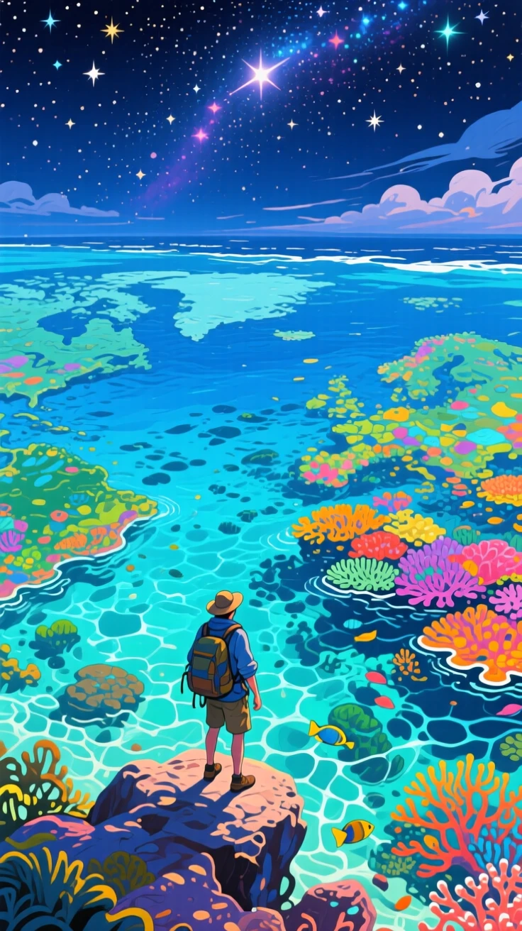 The Great Barrier Reef's colors visible through crystal water from above, under a blanket of stars, a lone traveler pausing to take in the view