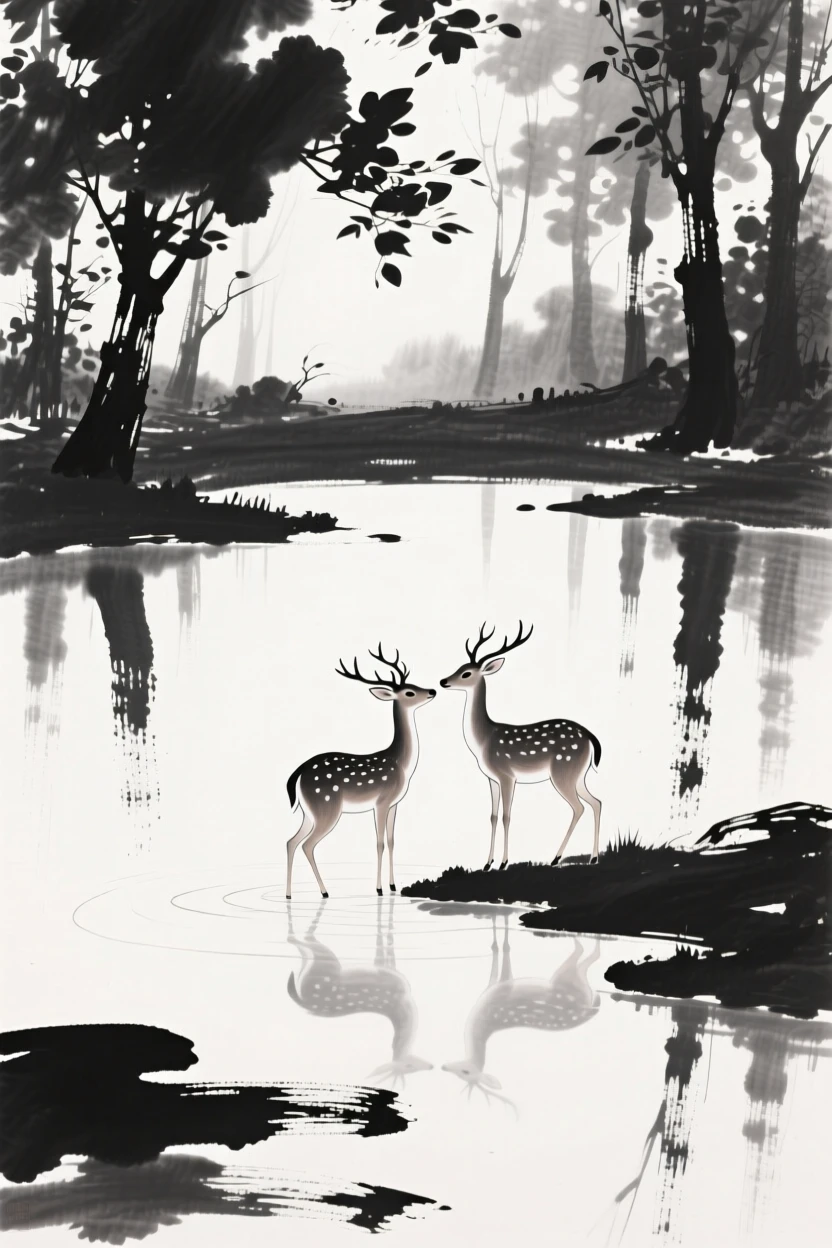 A pair of deer drink from a still forest pool, beneath dappled light filtering through the canopy.