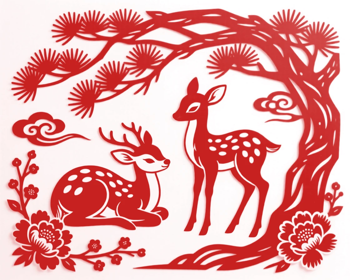A spotted deer fawn, curled up beneath a canopy of pine needles, paired with a second companion nearby, echoing its every move.