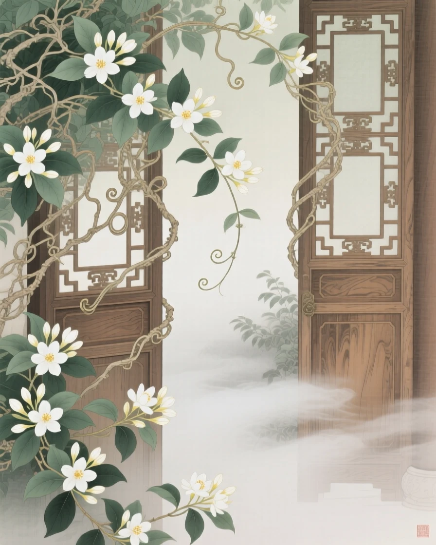 Jasmine vines wrapped around a garden gate with morning mist rising around the stems