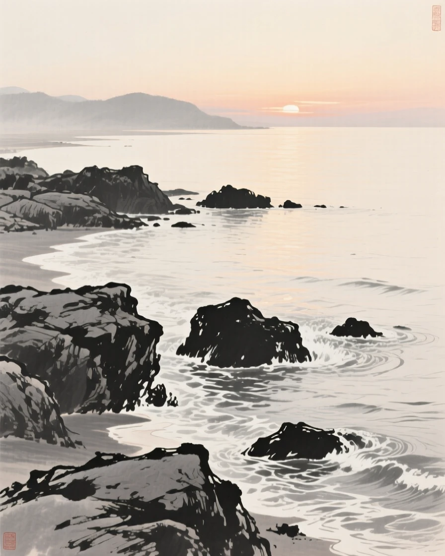 A rocky shoreline swept by gentle incoming tide with the last light of dusk catching the water's surface, seen from across the water, the far shore reduced to soft silhouette, capturing a fleeting, serene moment suspended in time.