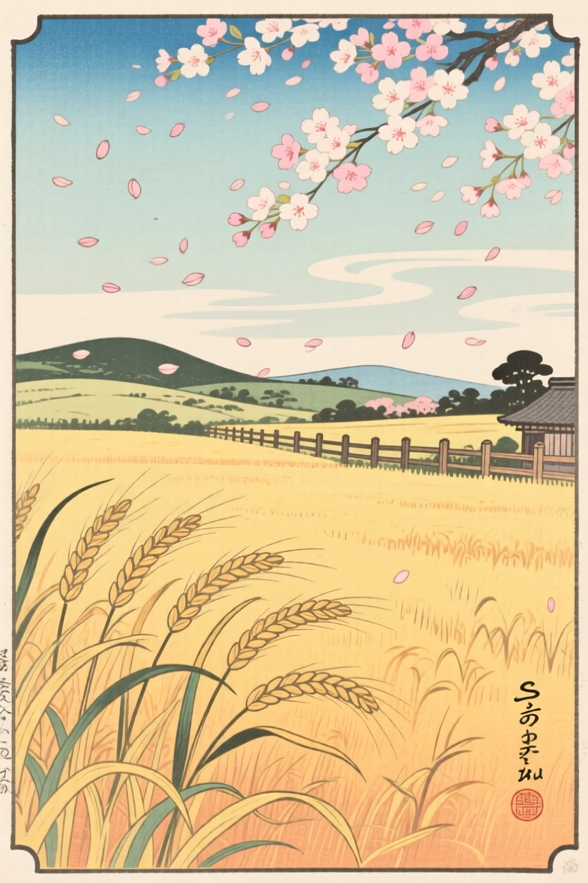 A golden wheat field swaying in the wind beneath a canopy of drifting petals.