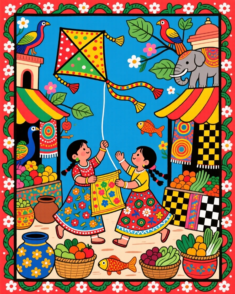 Children weaving through a crowded market chasing a stray kite.