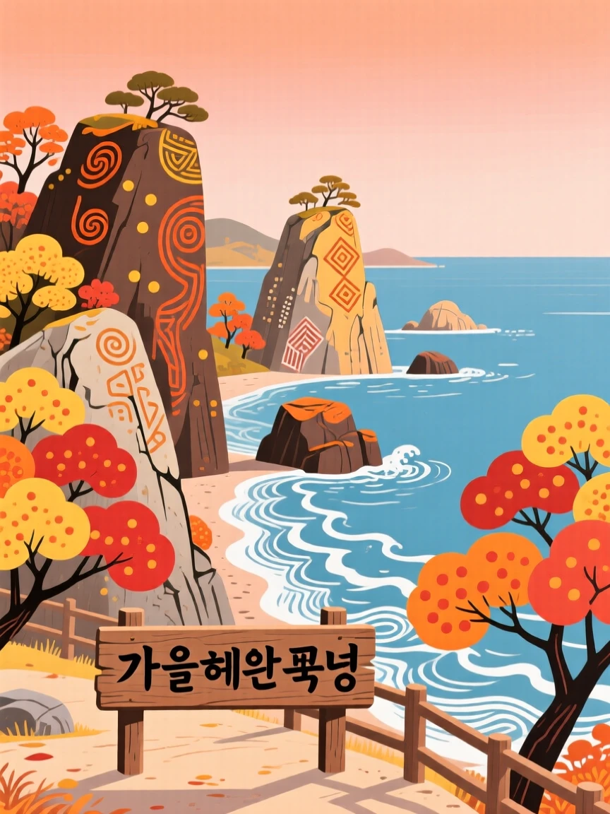 A stretch of coastline with weathered rock formations seen from a quiet overlook, in the deep colors of autumn.