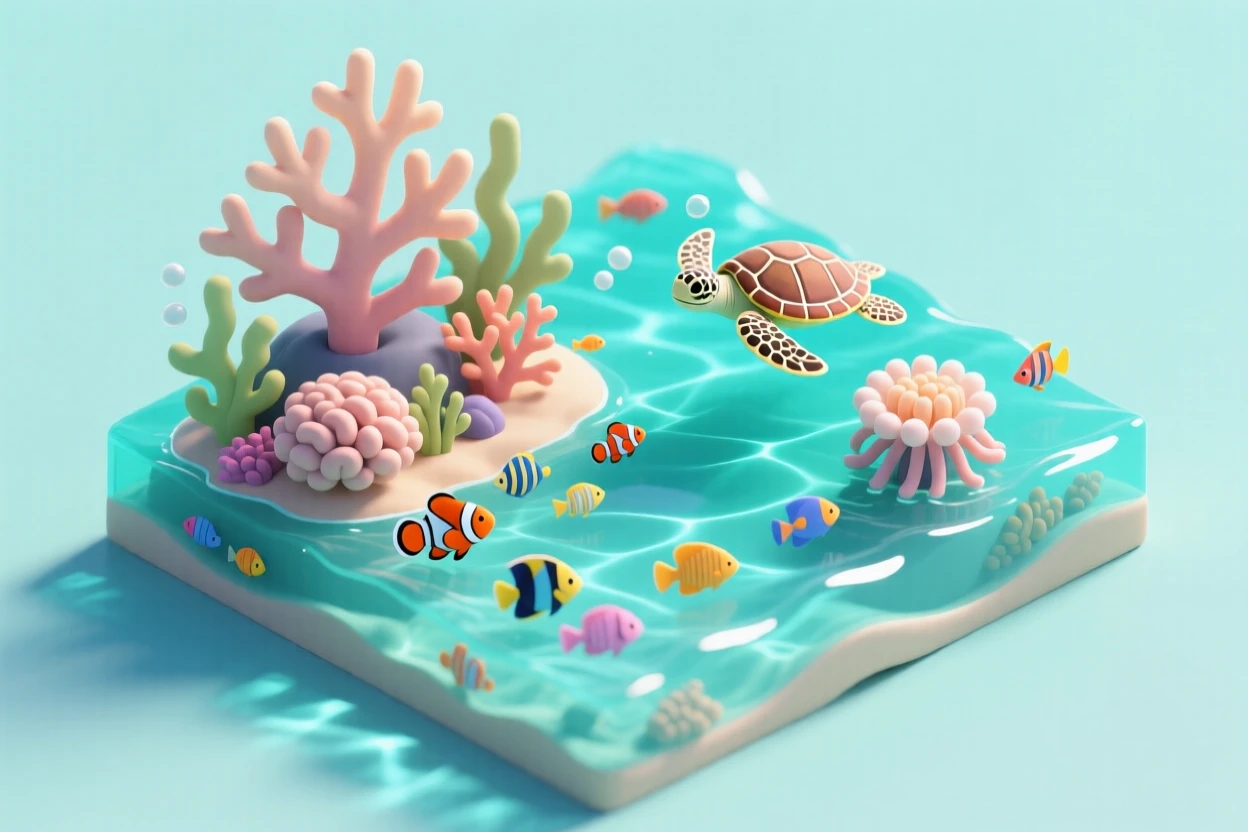 A tropical coral reef teeming with colorful fish, a sea turtle gliding past an anemone, and sunlight rippling through crystal-clear turquoise water.