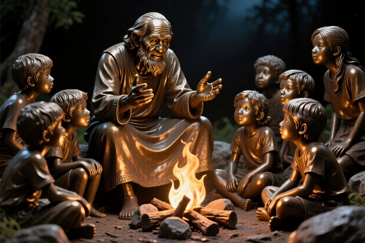 An elder storyteller captivating children by firelight, in a moment of quiet triumph, forming a strong central focal point