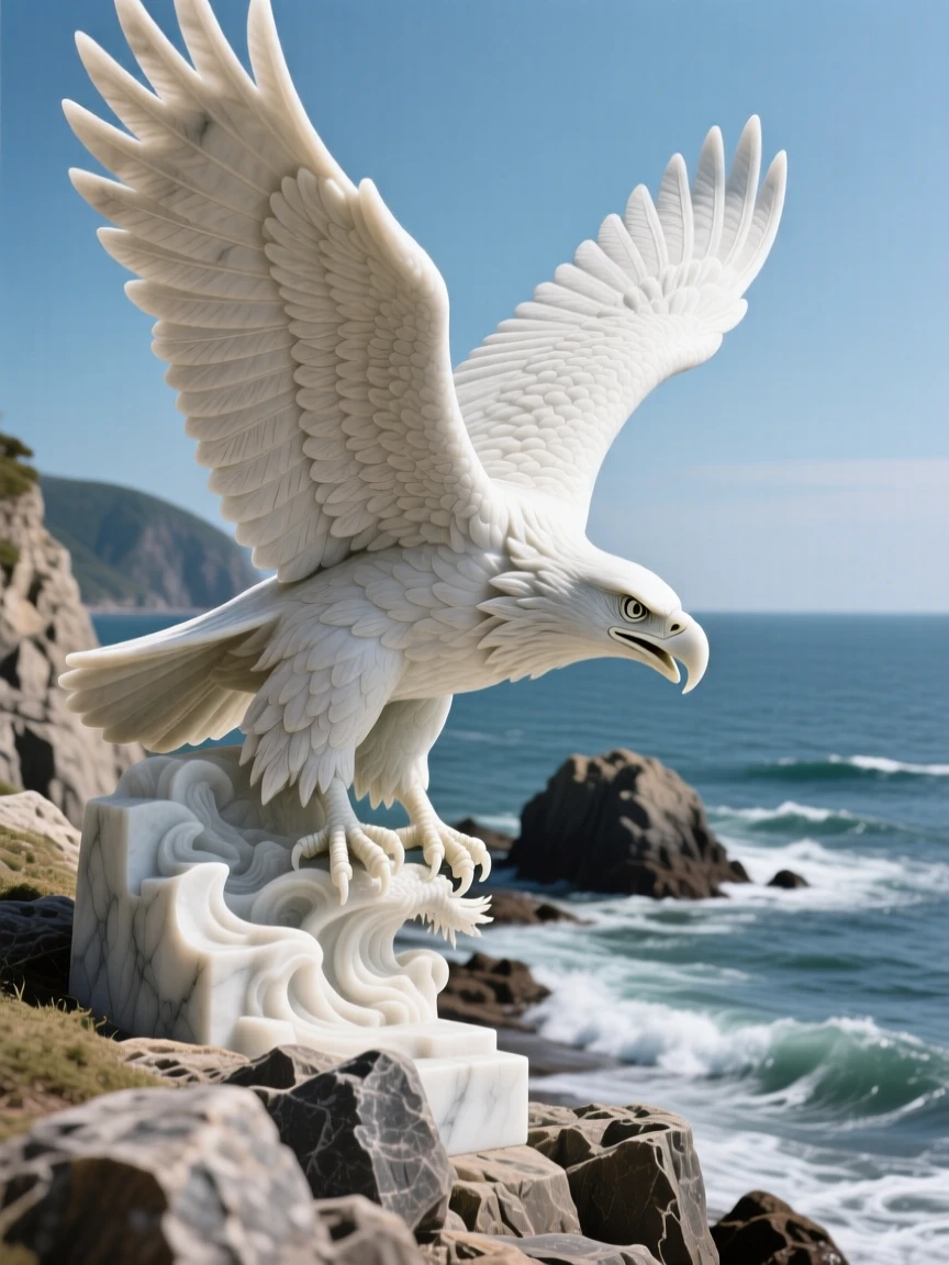 A bald eagle diving toward the water captured in a powerful, dignified pose along a rugged coastline